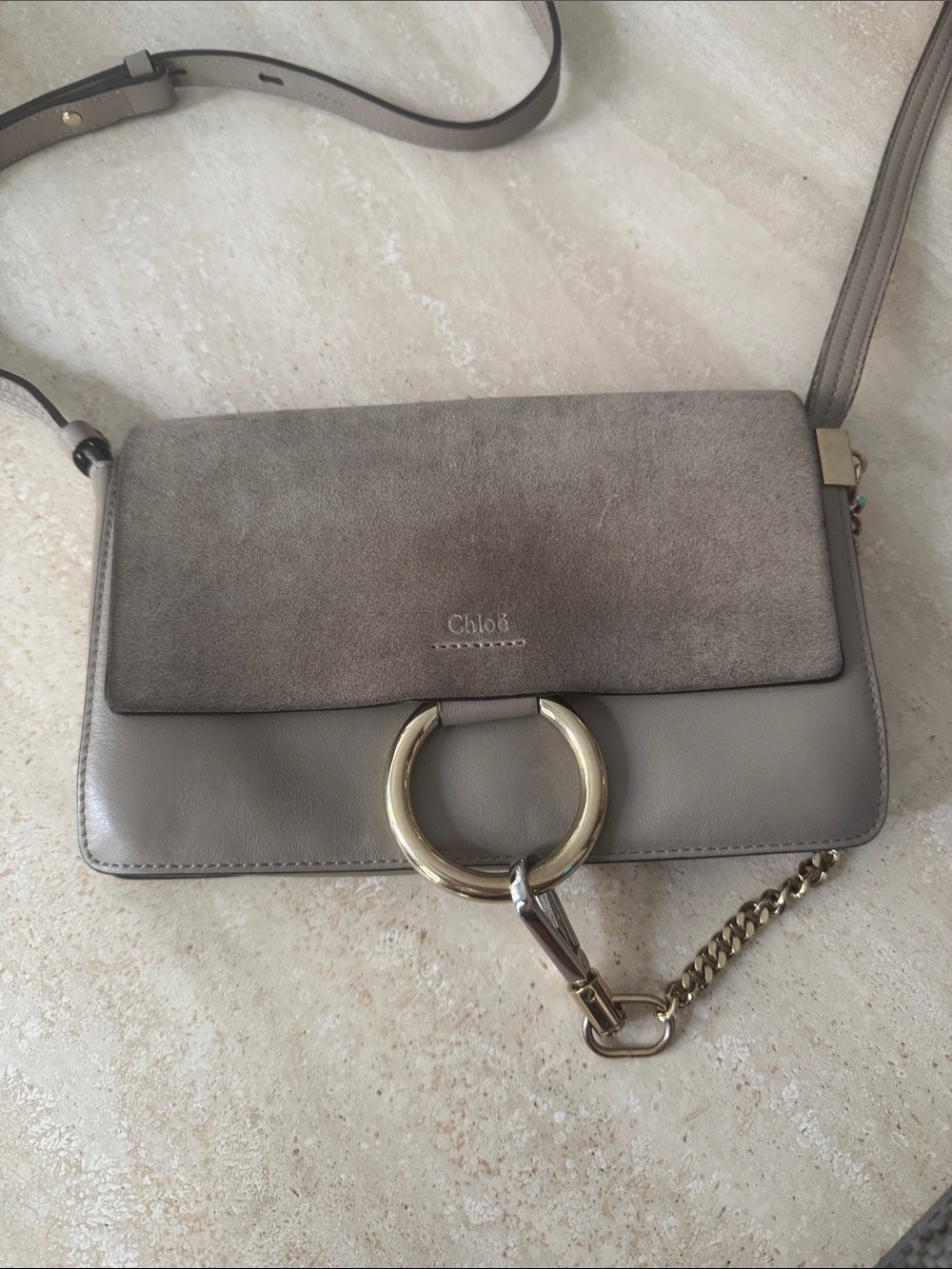 Chloé Two-Tone Taupe Leather & Suede Crossbody with Gold Ring